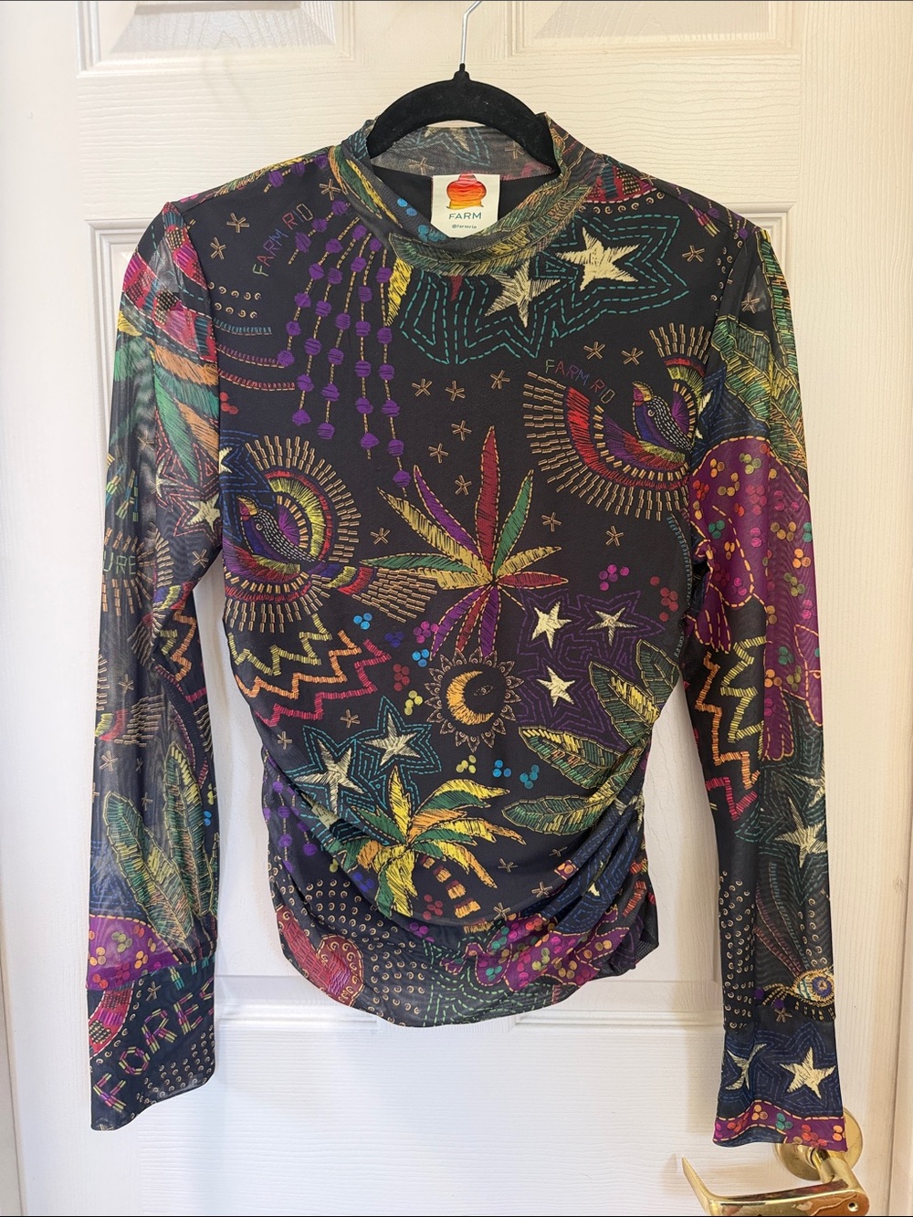 Farm Rio Black Multi-Color Mesh Long Sleeve Top
